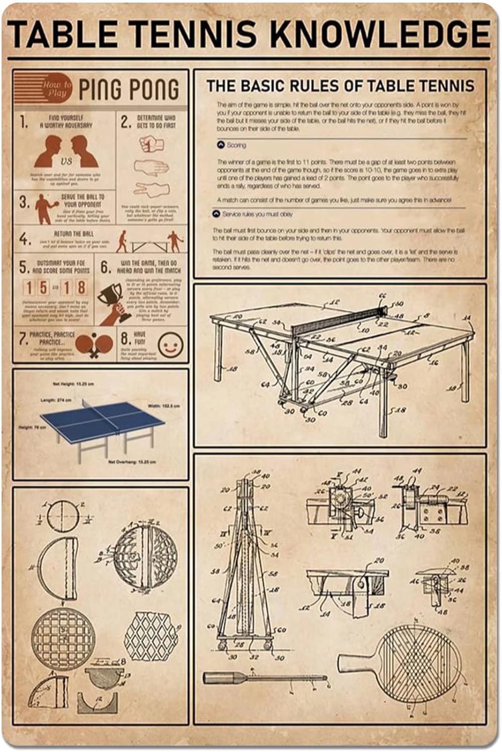 Table Tennis Rules - ป้ายโลหะ โปสเตอร์ข้อมูลเทเบิลเทนนิส กฎพื้นฐานของเทเบิลเทนนิส ป้ายภาพประกอบพื้นฐาน สำหรับสโมสร โรงเรียน