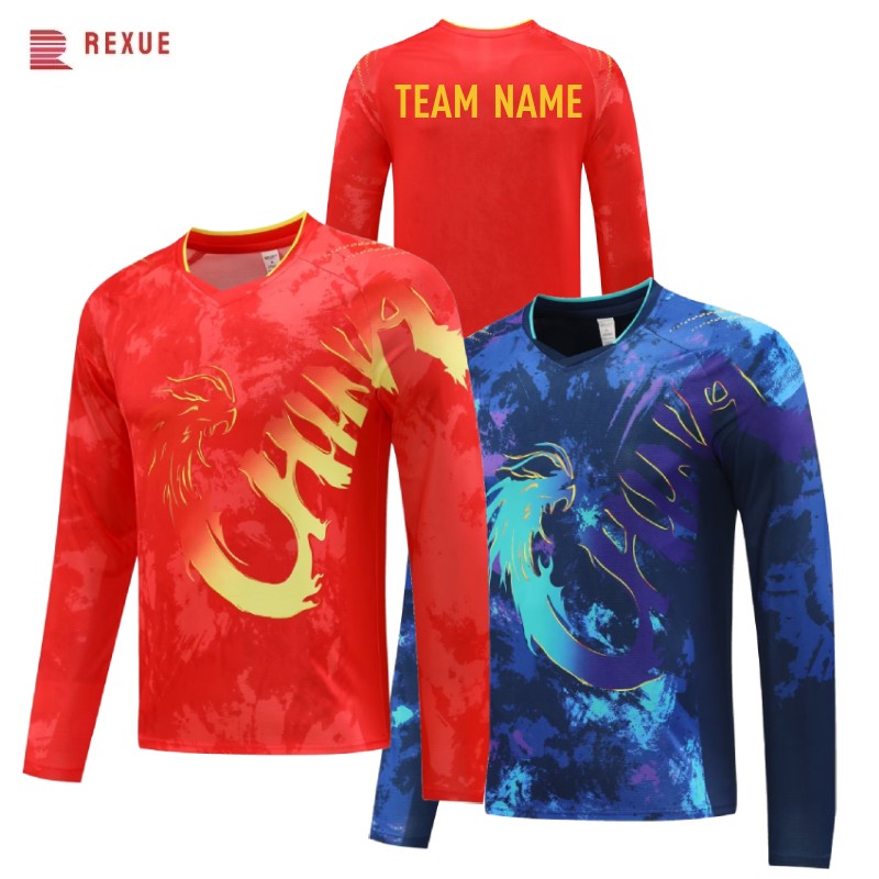 Table Tennis Jersey - China Dragon แขนยาวตารางเทนนิสเสื้อ 2024 สีแดงสีฟ้าจีนทีมแบดมินตัน Jersey